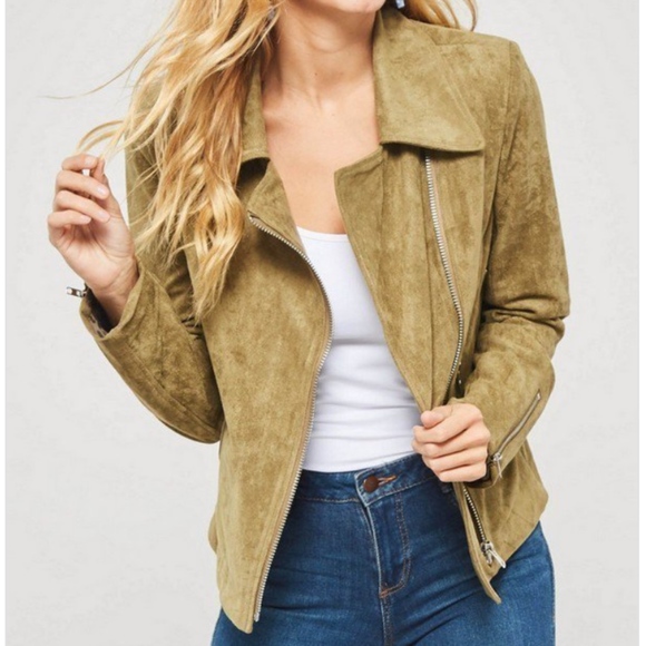 Faux Suede Moto Jacket in Olive Front Zippered - Picture 2 of 8
